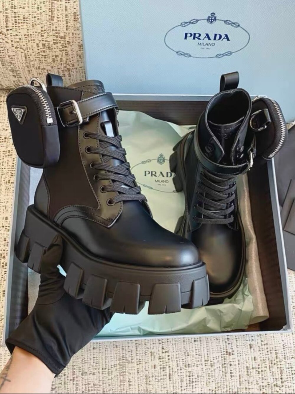 Prada Monolith Black Leather Combat Boots with Removable Pouch